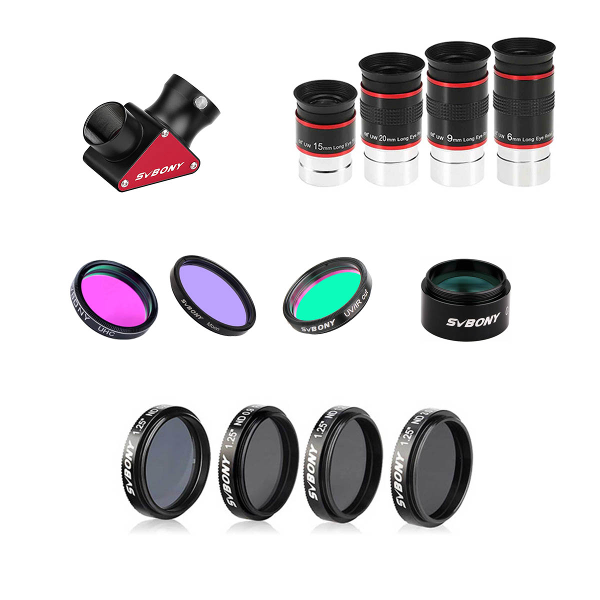 SV188P 天頂ミラーと見かけ視野 68°アイピース6/9/15/20mmセット と月観測および惑星写真撮影用NDフィルターセット