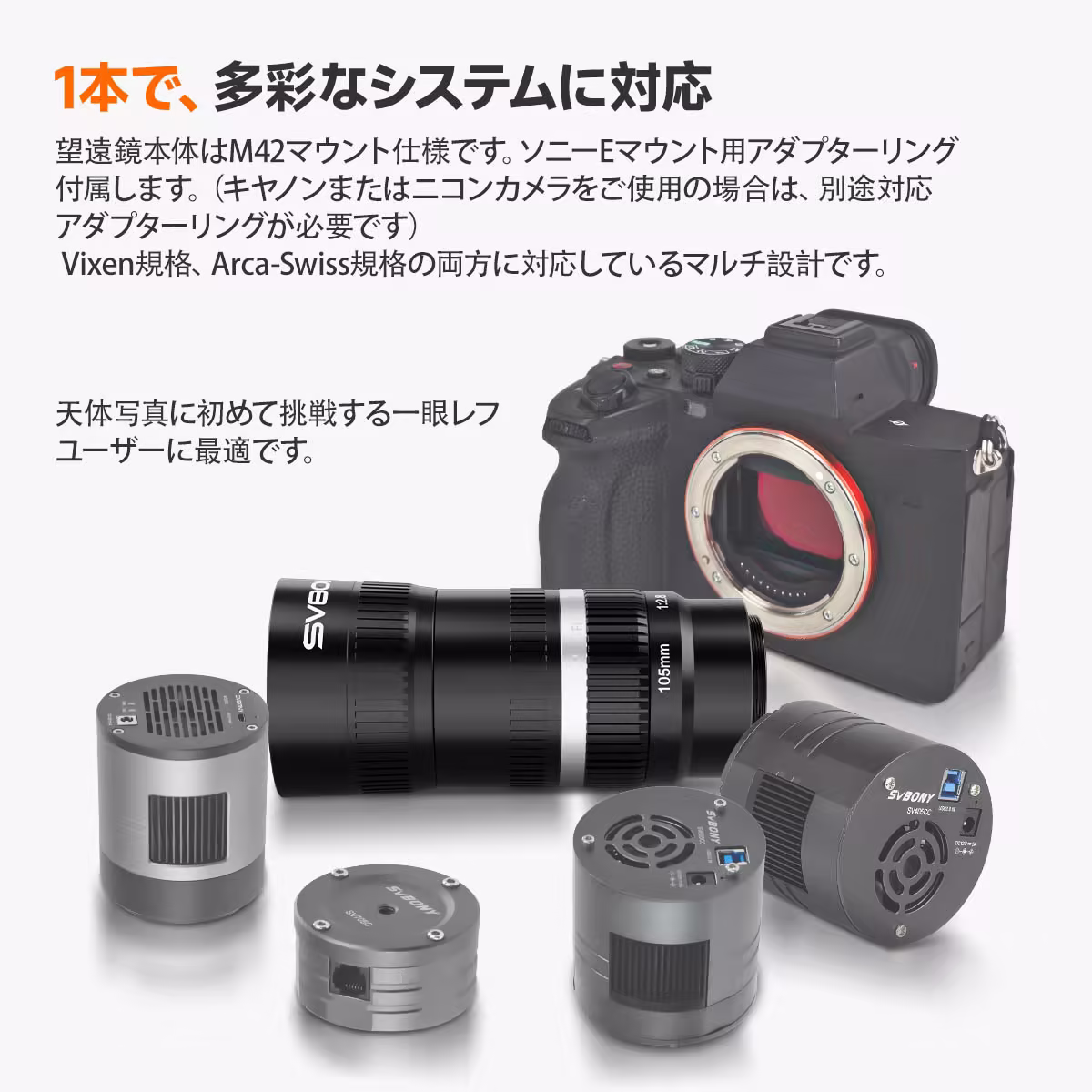 SV535 望遠レンズ  APO 5群7枚 F2.8 焦点距離105mm 天体写真カメラ用レンズ M42/Eマウント付き  広視野 星景＆深宇宙写真用