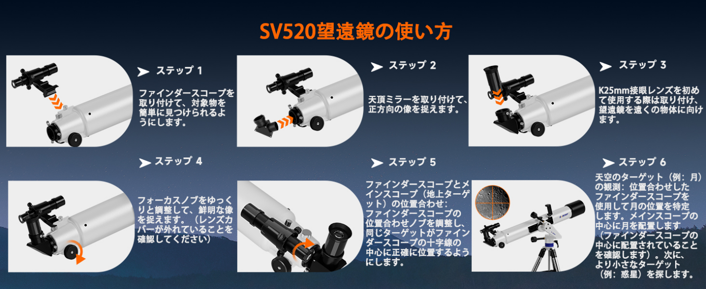 SV520望遠鏡の組み立て・ファインダー調整・スマホ撮影の手順