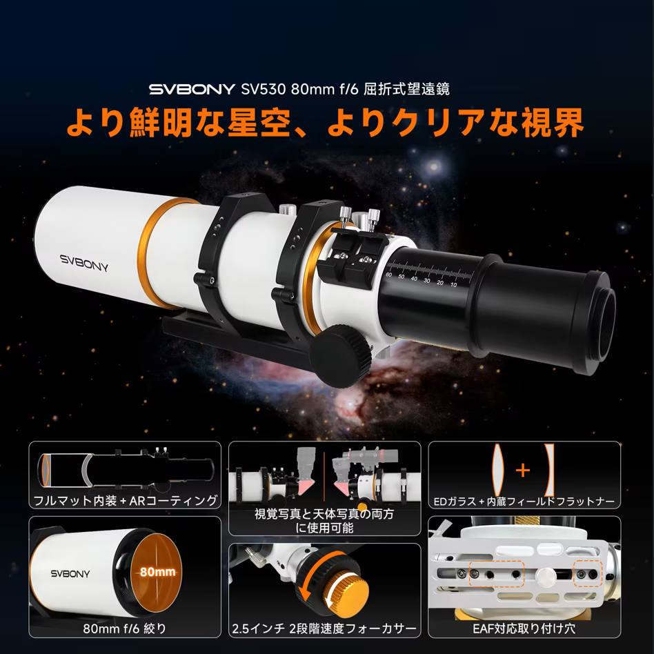 SV530の光学系構造とEDガラスレンズを示す図解