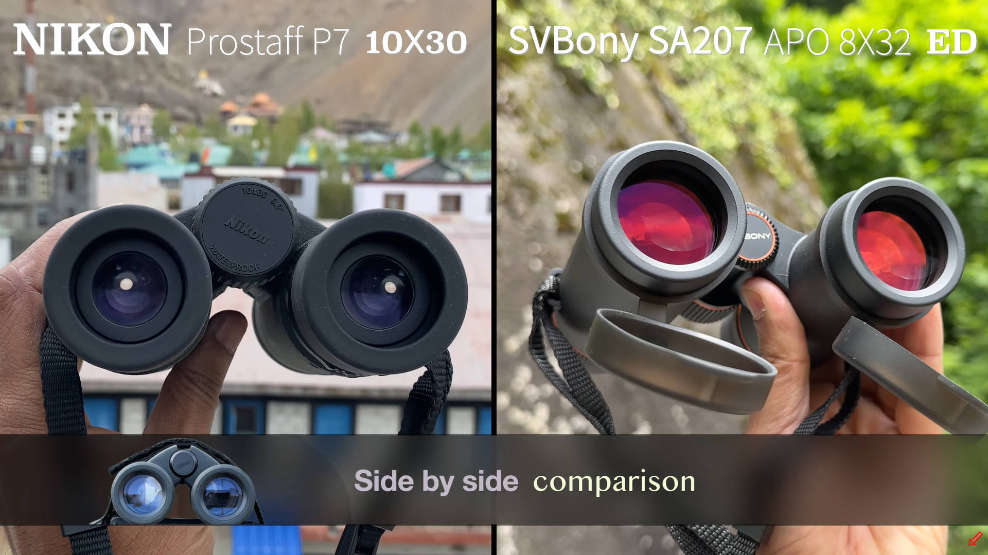 Nikon Prostaff P7 10x30 と SVBONY SA207 8x32 APO ED の外観比較